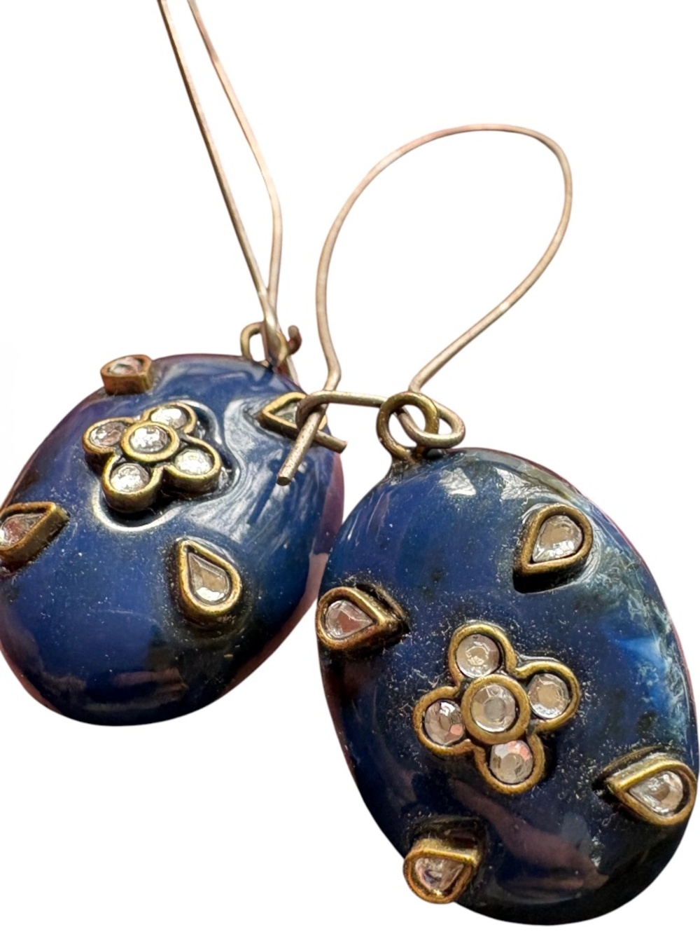 Vintage Blue Oval Drop Earrings Crystal Floral Gold Tone Statement Deco Floral